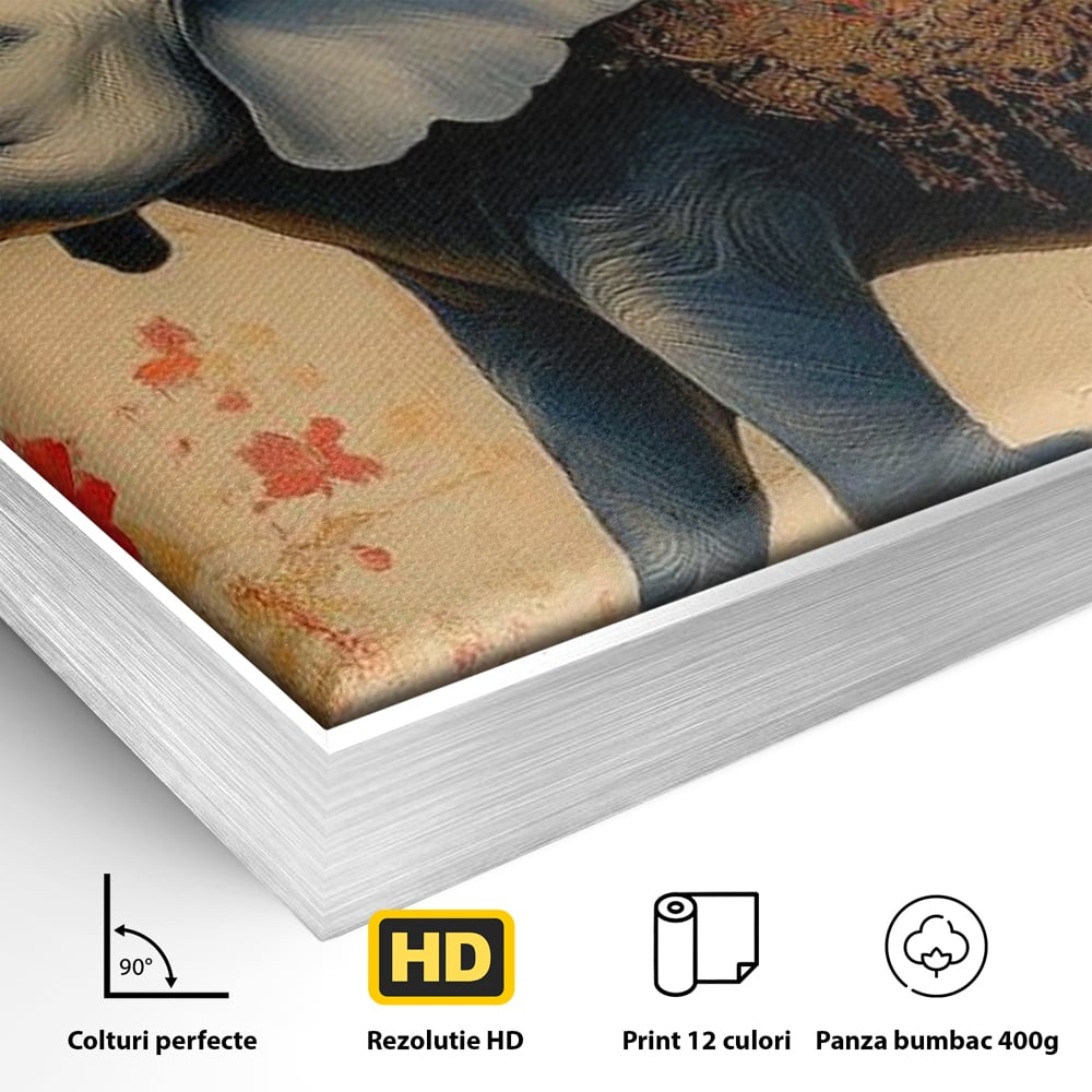 Detaliu al suprafetei: tablou canvas cu elefant albastru, in rama de aluminiu argintiu